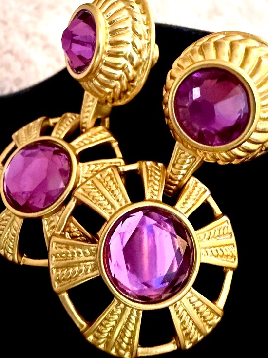 Robert Rose Jewelry - Vintage Robert Rose Museum Gold Purple Crystal Roman Dangle Disc Earrings - Post